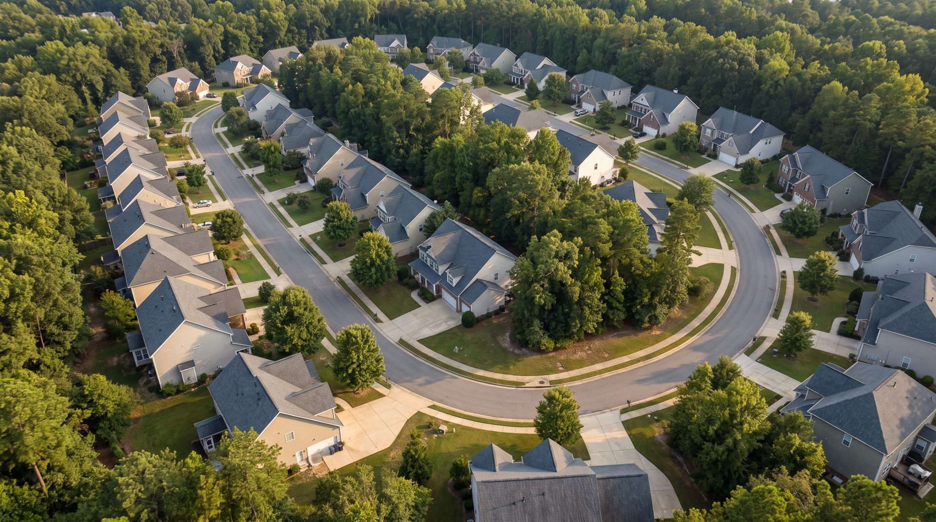 Aerial view of a subdivision near {Main Town}, with a curved street and hip and gable roofs under heavy tree canopy