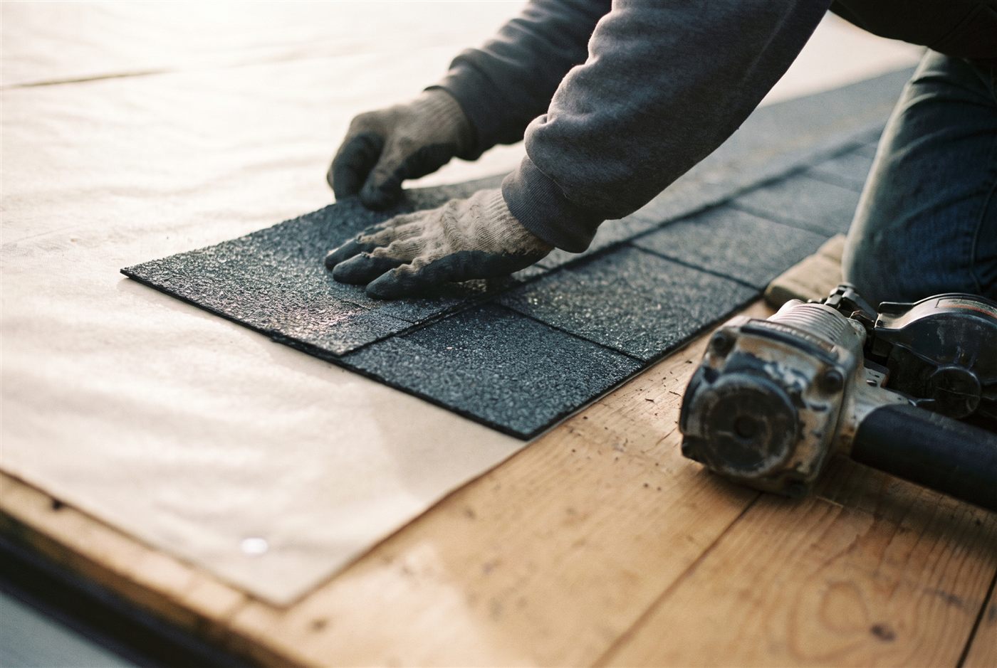 A roofer in work gloves setting an asphalt shingle onto underlayment with a coil nailer resting on the deck beside it