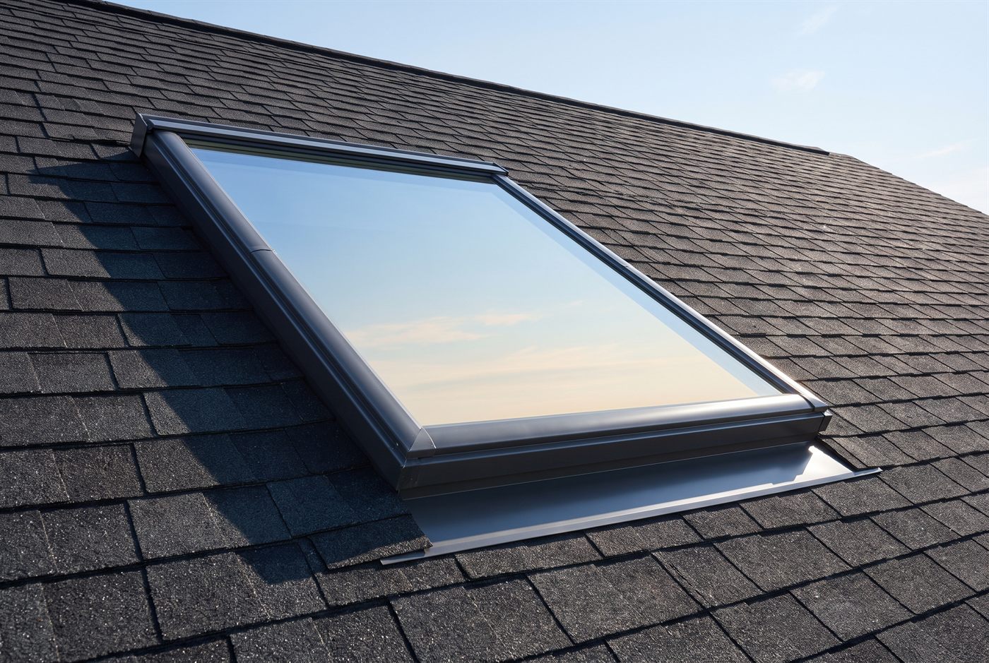 A skylight flashed into a shingle roof plane with the sky reflected in its glass